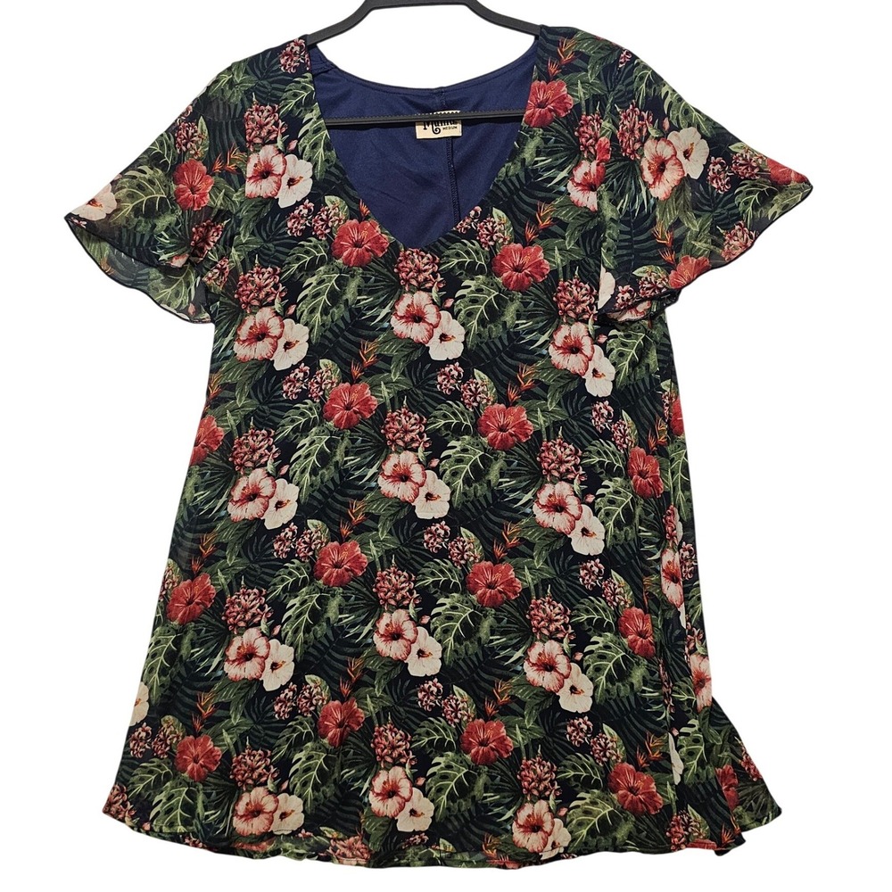 Show Me Your Mumu Navy Tropical Hibiscus Floral Flutter Sleeve Mini Dress Medium